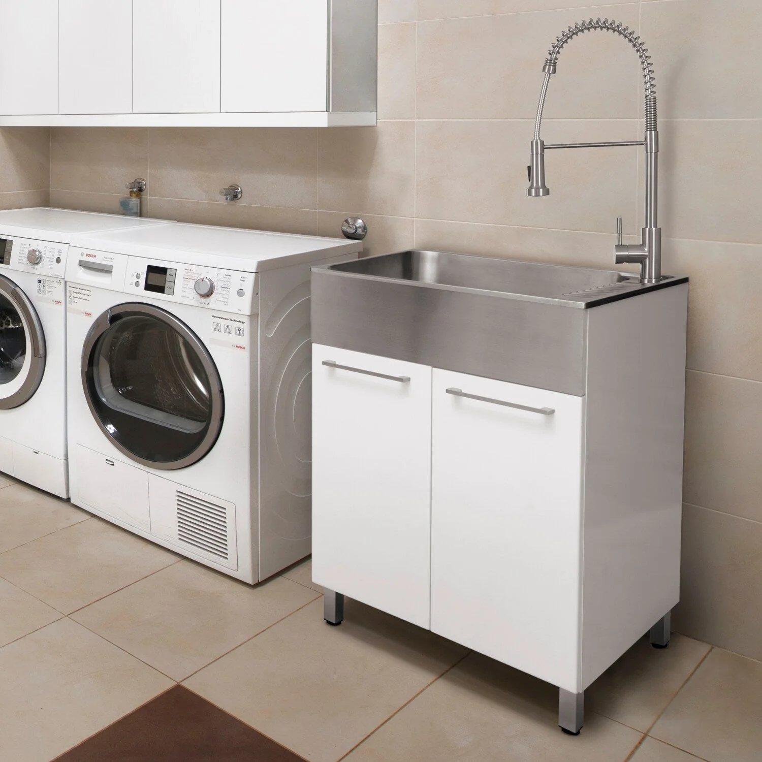 Presenza Brushed Steel Utility Tub with Faucet and Cabinet - Image 8