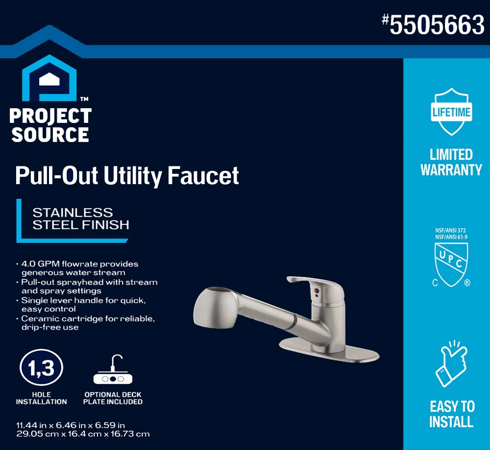 Project Source Stainless Steel Utility Faucet with Pulldown Sprayer - Image 2