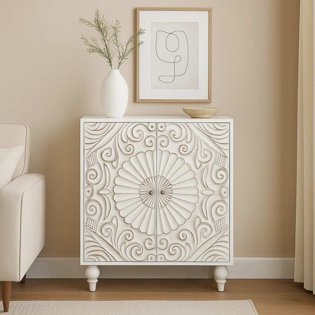 Puluomis Vintage Sideboard Storage Cabinet, White, MDF, 31.5" x 13.8" x 36" - Image 4