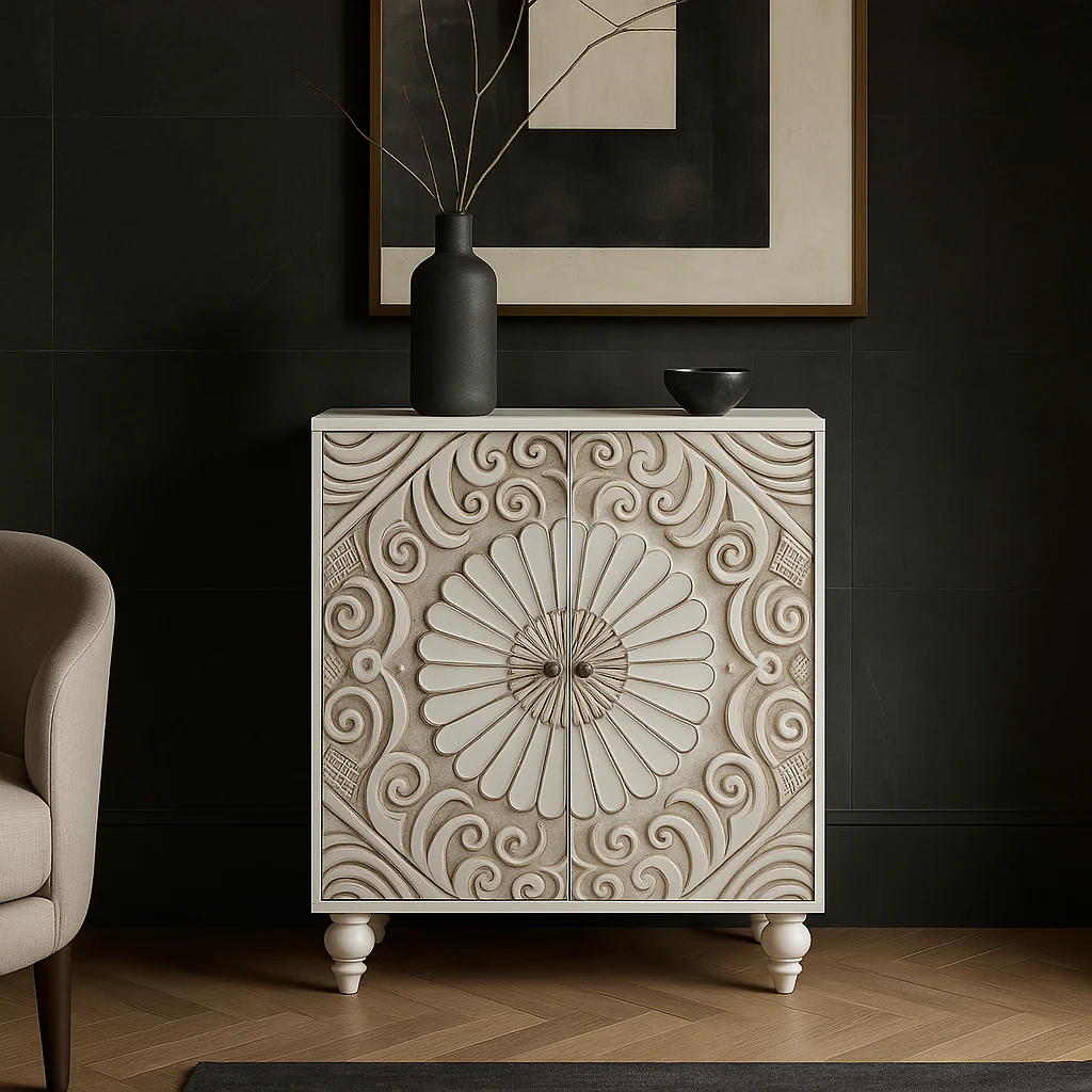 Puluomis Vintage Sideboard Storage Cabinet, White, MDF, 31.5" x 13.8" x 36" - Image 2