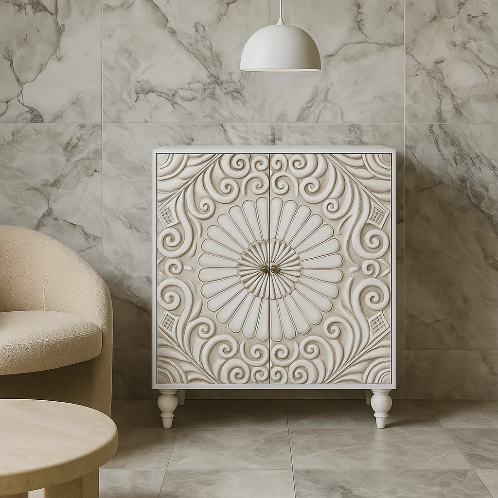 Puluomis Vintage Sideboard Storage Cabinet, White, MDF, 31.5" x 13.8" x 36" - Image 3