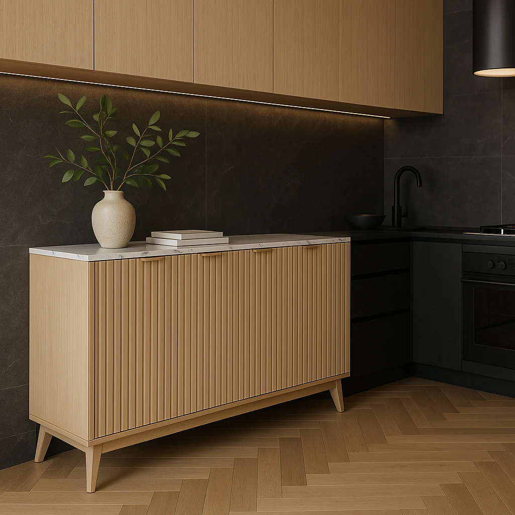 QueenFun Cabinson Natural Oak Sideboard Buffet Cabinet with Faux Stone Finish Top & 4 Doors - Image 3