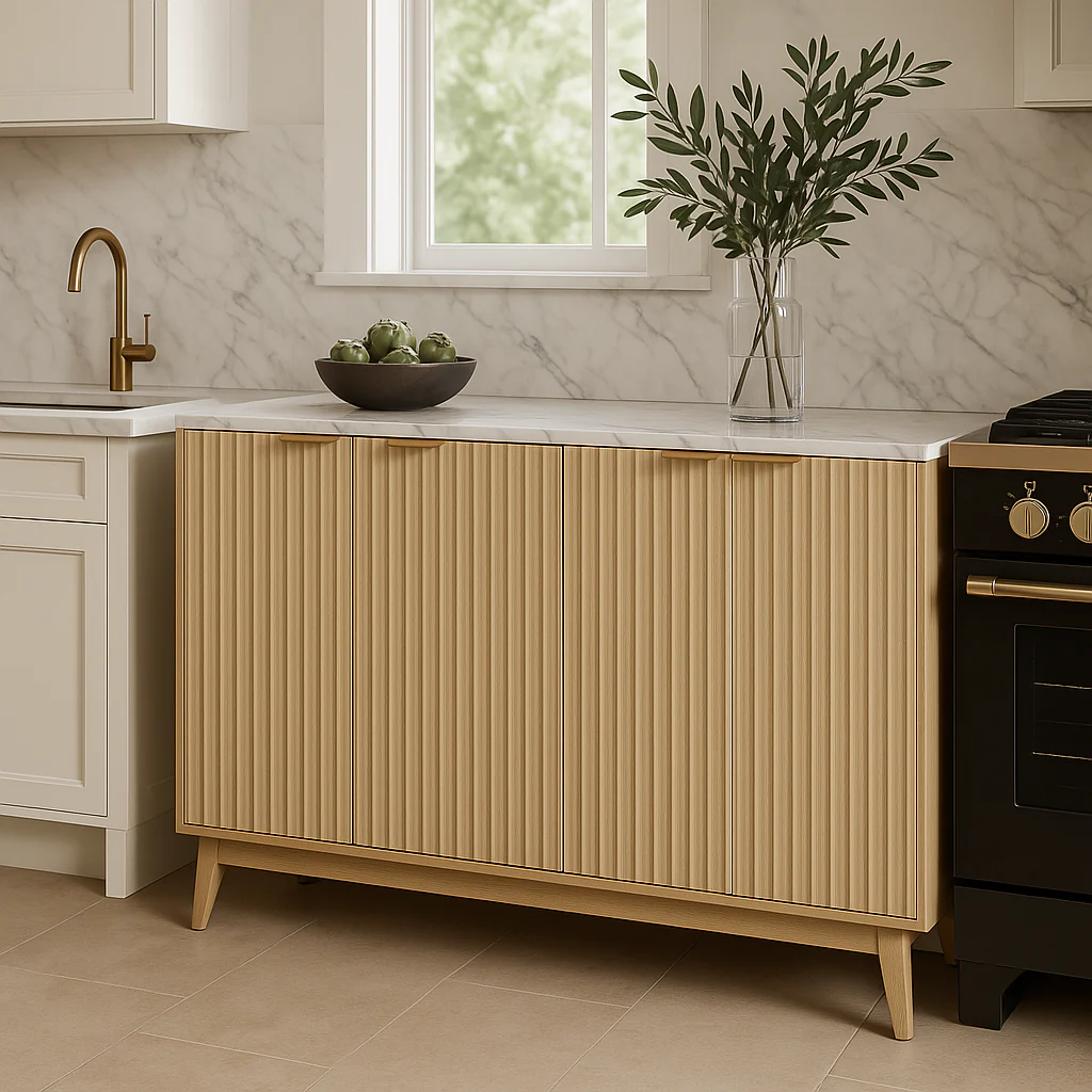QueenFun Cabinson Natural Oak Sideboard Buffet Cabinet with Faux Stone Finish Top & 4 Doors - Image 4