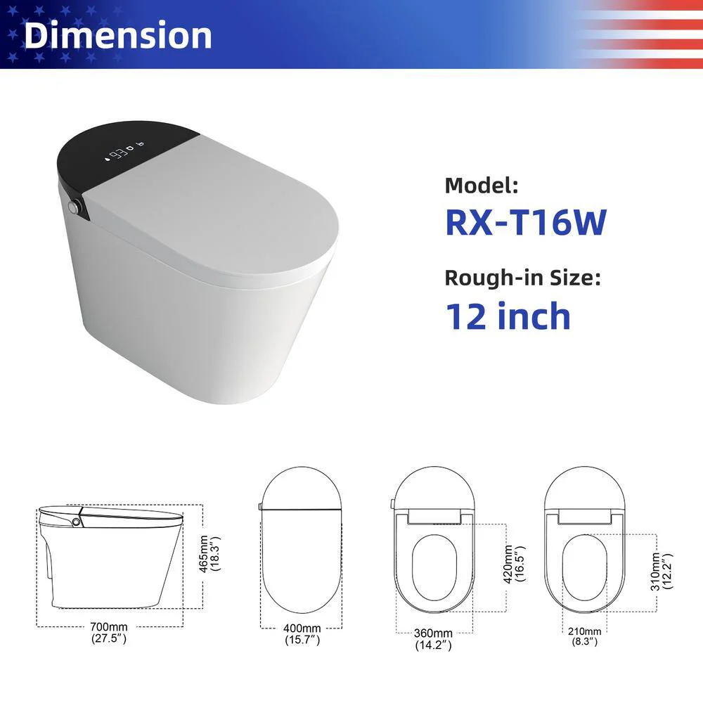 RAINLEX Elongated Bidet Toilet 1.28 GPF in White with Heated, Soft Close RX-T16W - Image 2