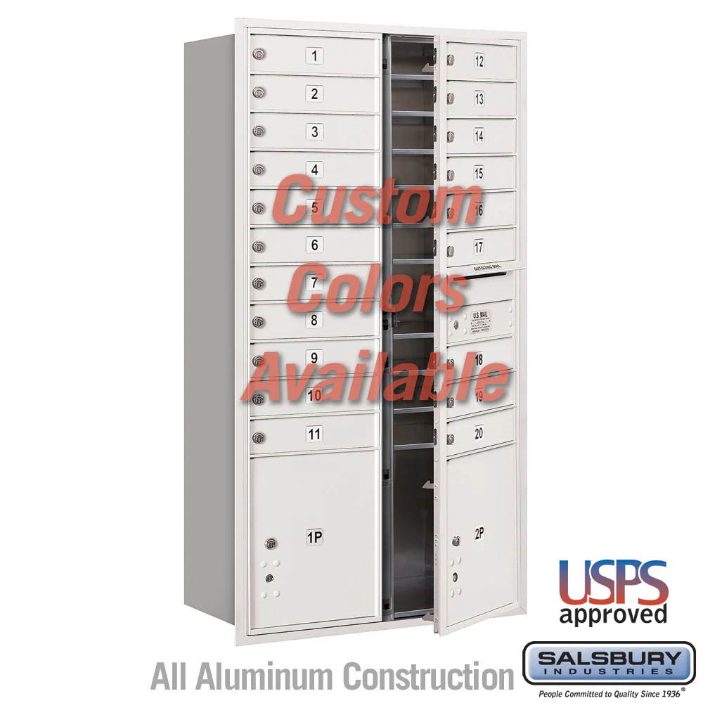 Recessed Mounted 4C Horizontal Mailbox - Maximum Height Unit, Double Column, 20 MB1 Doors, 2 PL4.5 Parcel Lockers, Front Loading, USPS Access