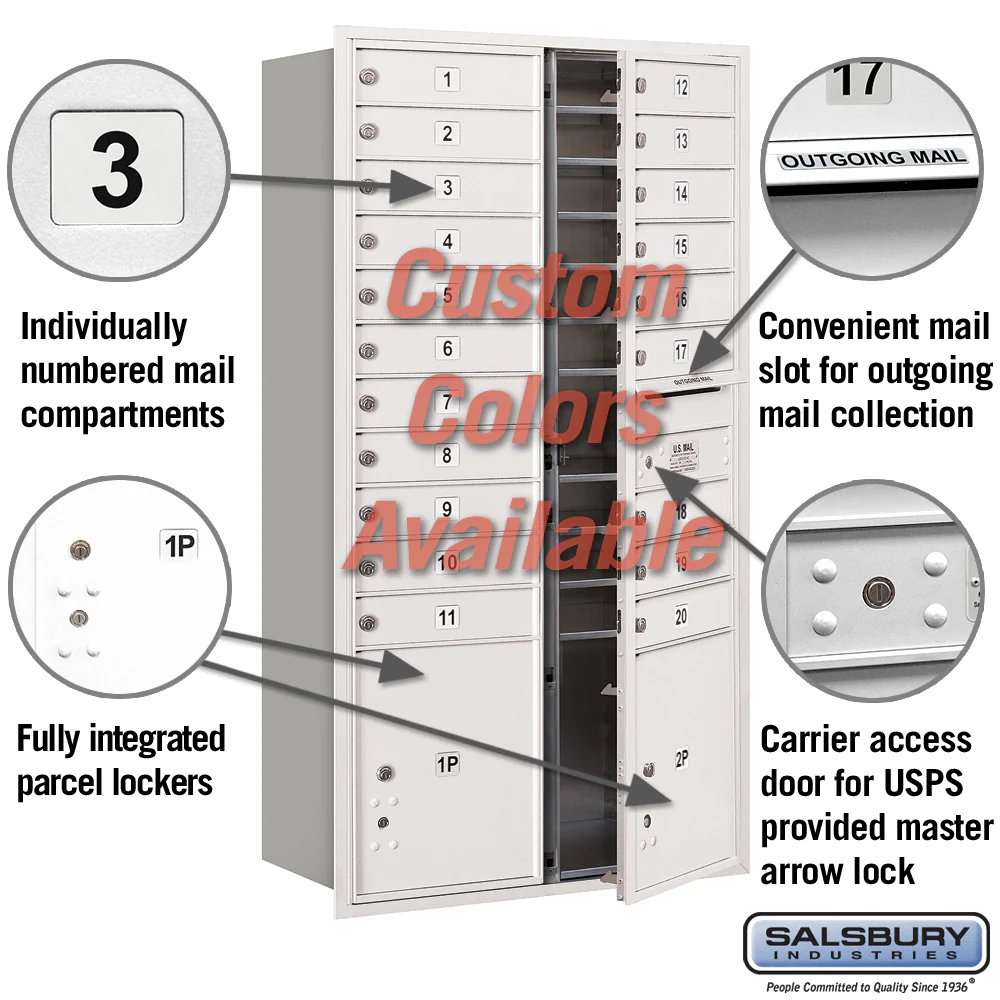 Recessed Mounted 4C Horizontal Mailbox - Maximum Height Unit, Double Column, 20 MB1 Doors, 2 PL4.5 Parcel Lockers, Front Loading, USPS Access - Image 2