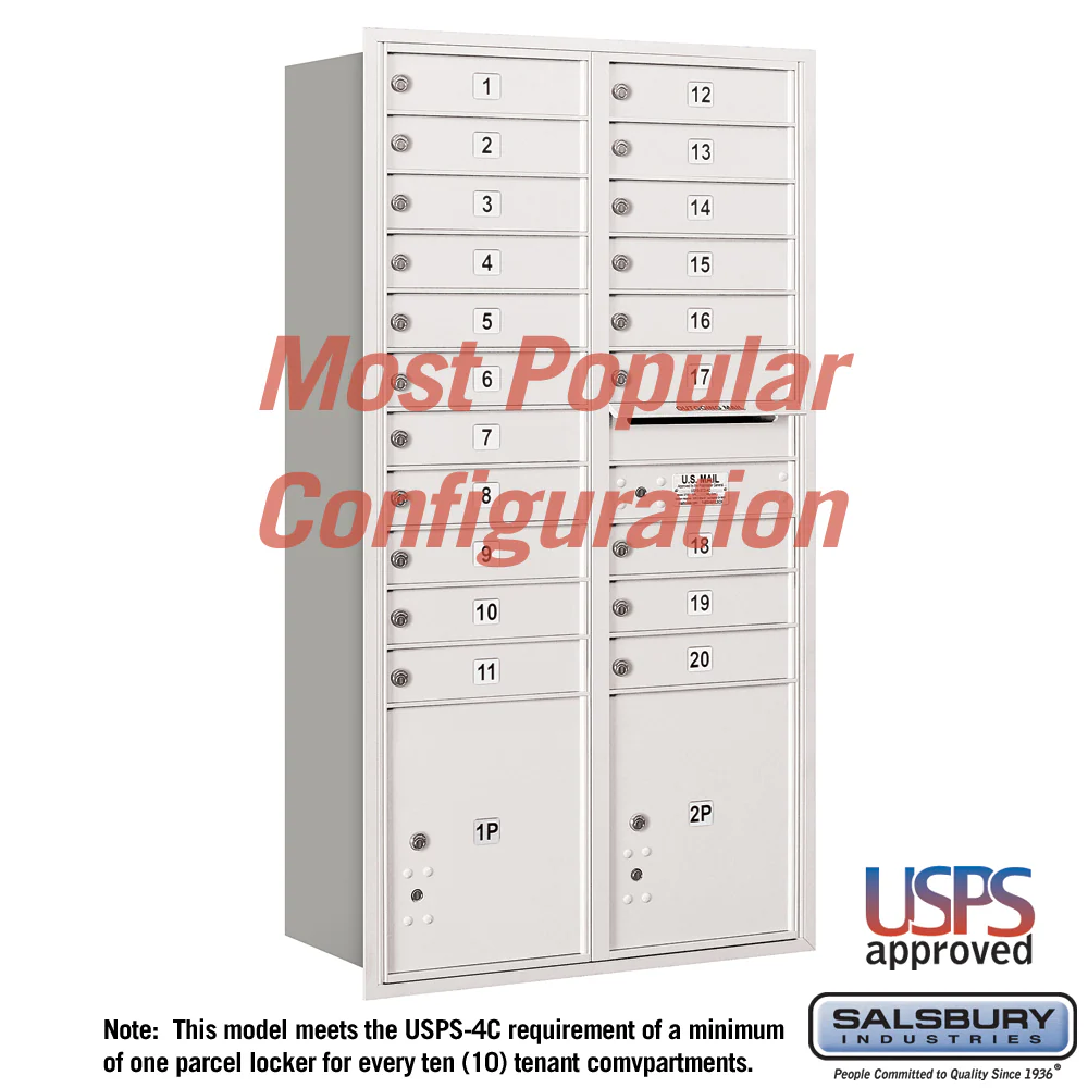 Recessed Mounted 4C Horizontal Mailbox - Maximum Height Unit, Double Column, 20 MB1 Doors, 2 PL4.5 Parcel Lockers, Front Loading, USPS Access - Image 6