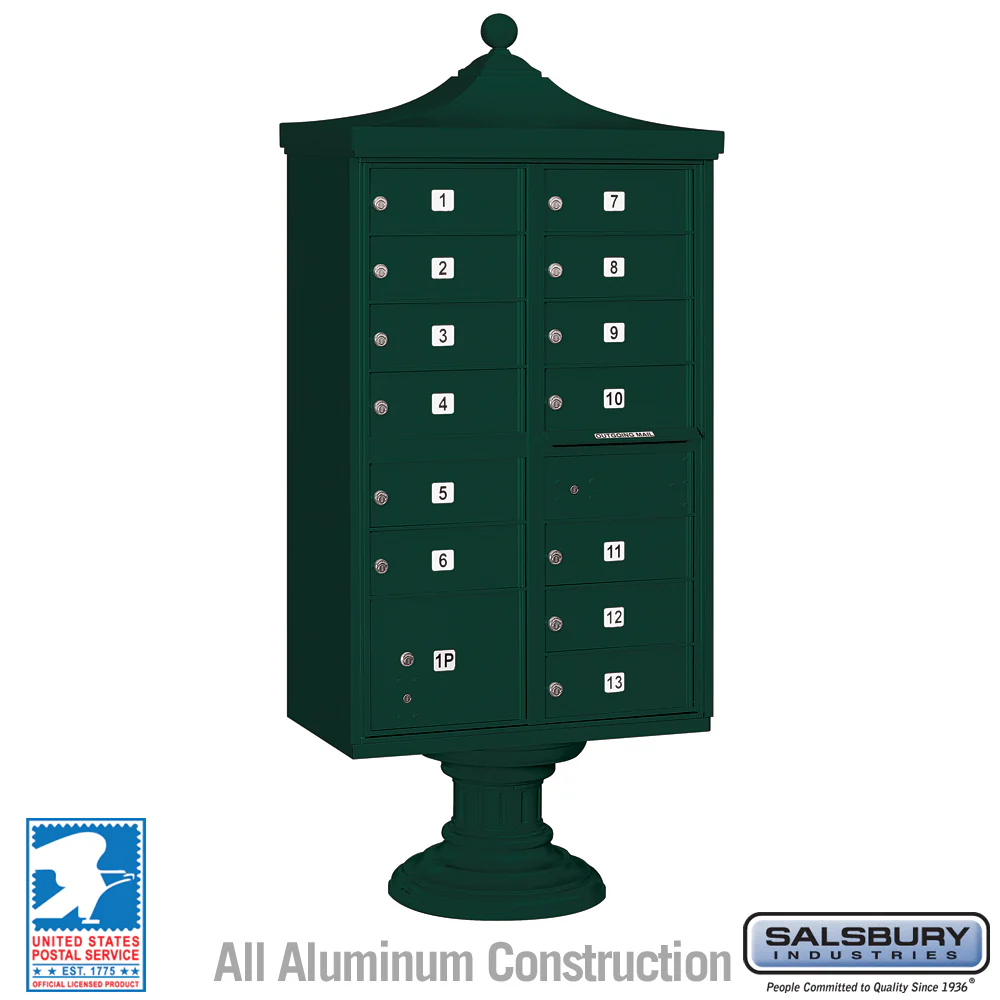 Regency Decorative Cluster Box Unit with 13 Doors and Parcel Locker in Green with USPS Access