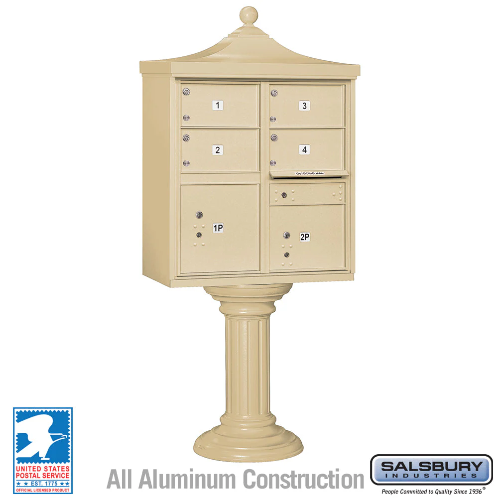 Regency Decorative Cluster Box Unit with 4 Doors and 2 Parcel Lockers in Sandstone with USPS Access