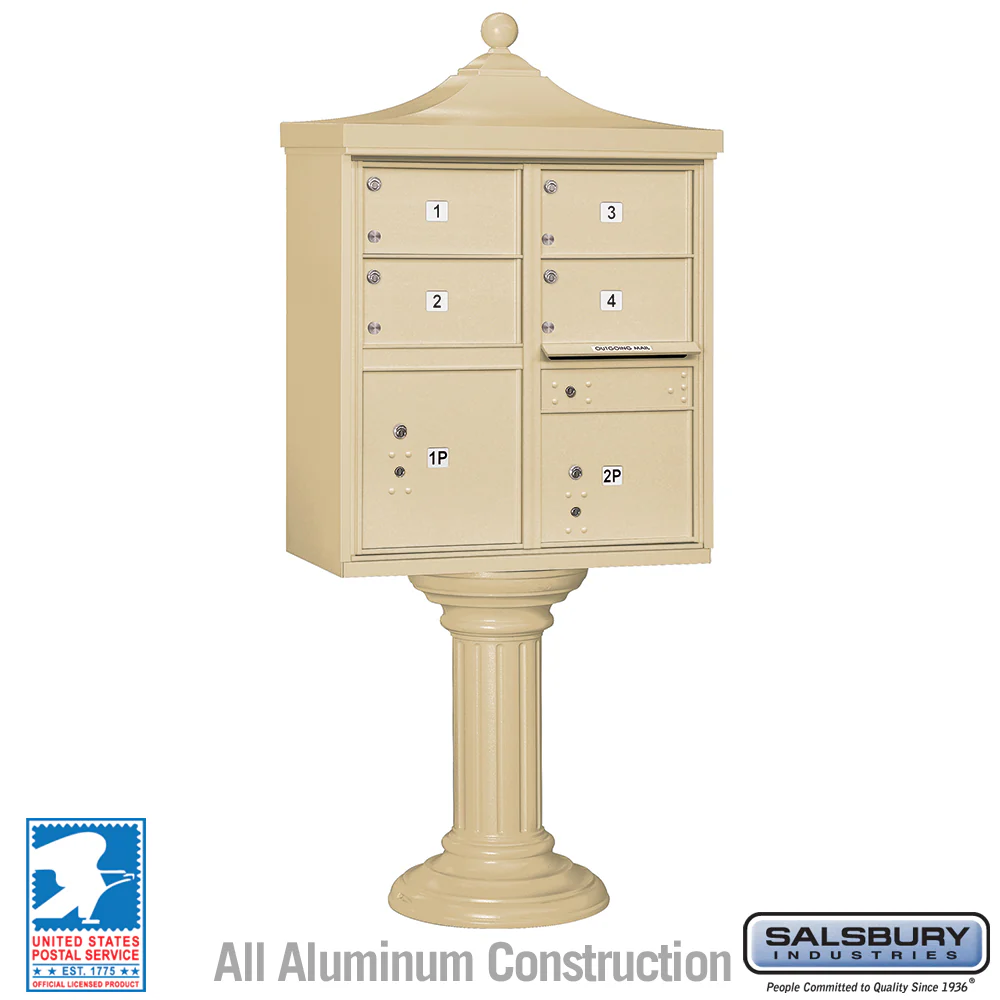 Regency Decorative Cluster Box Unit with 4 Doors and 2 Parcel Lockers in Sandstone with USPS Access
