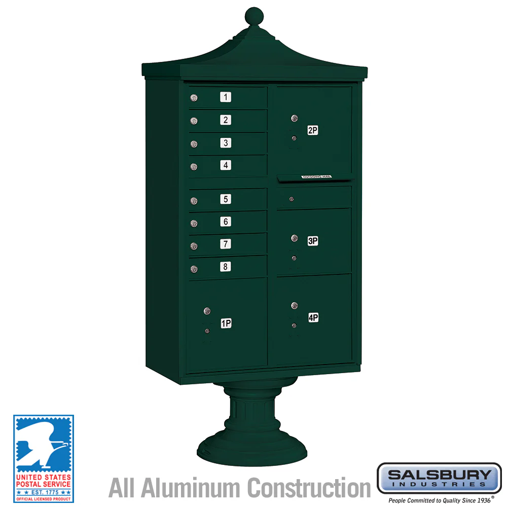 Regency Decorative Cluster Box Unit with 8 Doors and 4 Parcel Lockers in Green with USPS Access