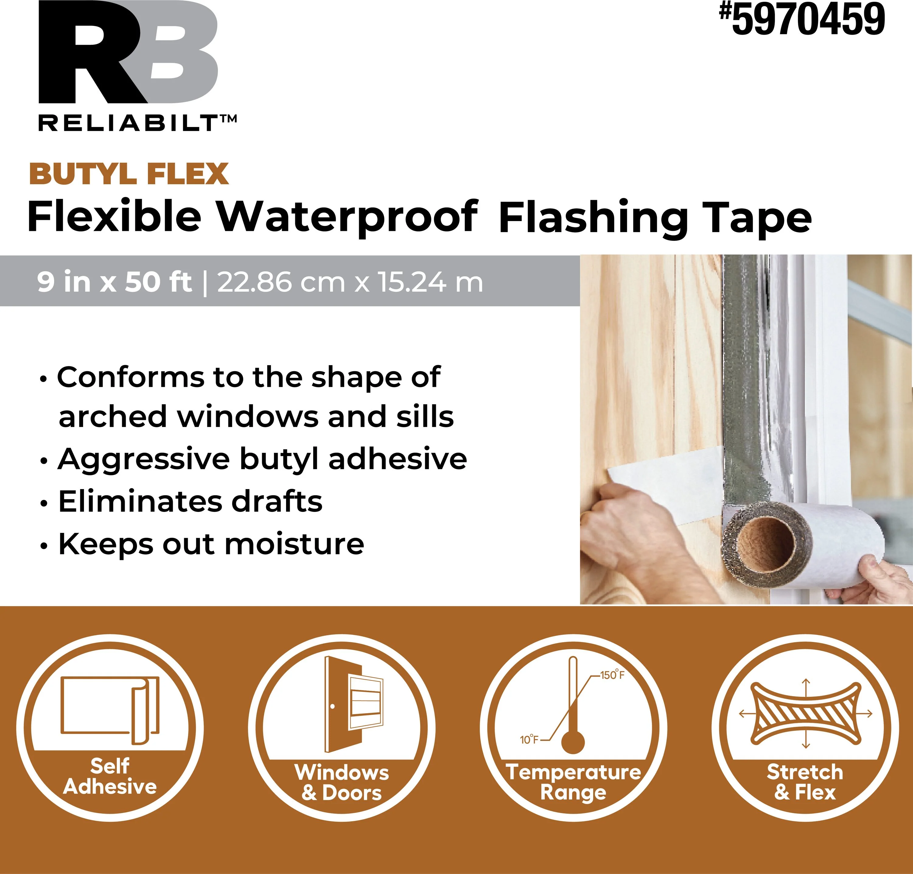 RELIABILT Butyl Flex 9-in x 50-ft White Self-Adhesive Butyl Rubber Waterproof Flashing Tape Roll - Image 5