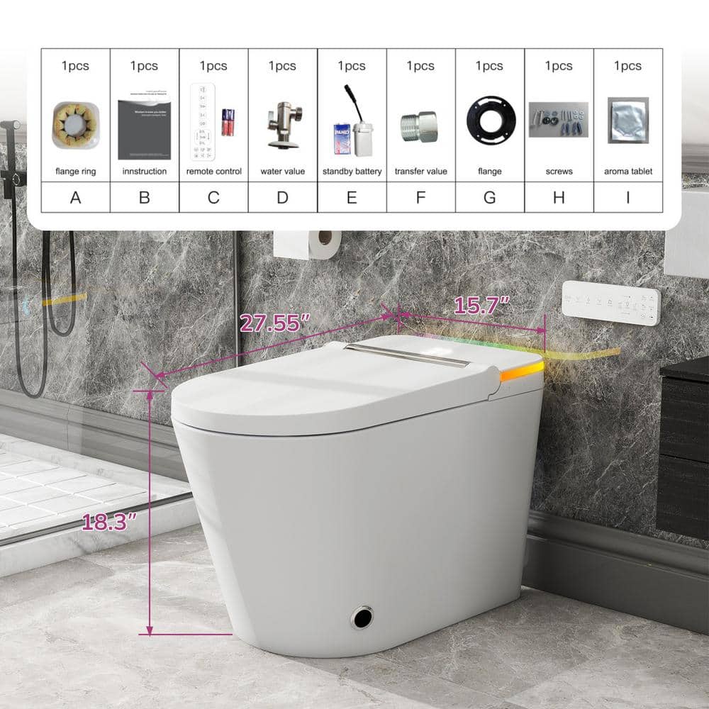 Relyblo Foot Sensor Smart Elongated Bidet Toilet in Glossy White with Adjustable Sprayer - Image 10