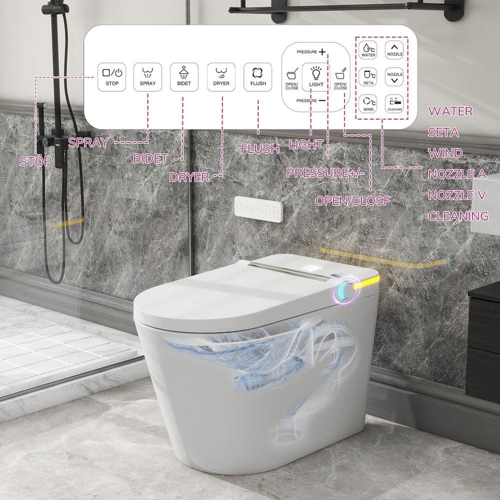 Relyblo Foot Sensor Smart Elongated Bidet Toilet in Glossy White with Adjustable Sprayer - Image 9