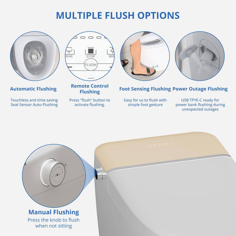 Relyblo intelligent Elongated Bidet Toilet 1.27 GPF in Gold White with Auto Open/Close and Foot Sensing - Image 6