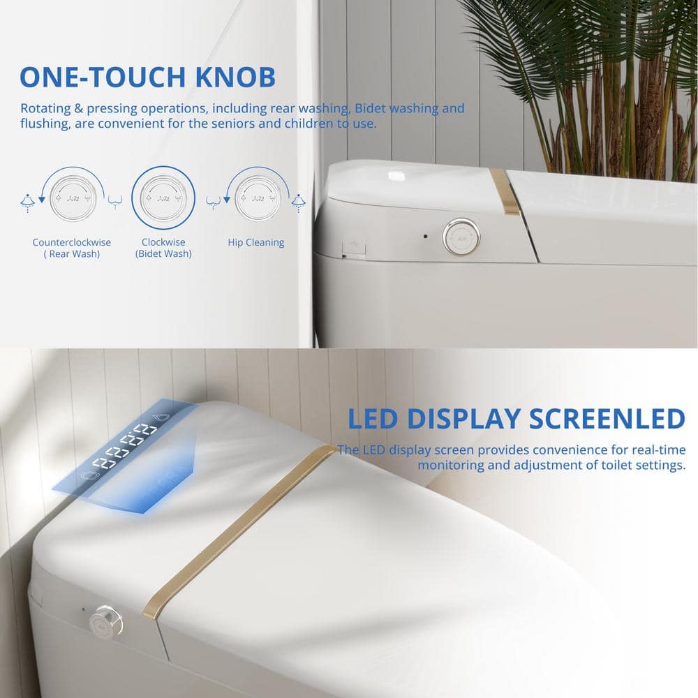 Relyblo Smart Elongated Bidet Toilet 1.27 GPF with Gold Edge White Finish - Image 7