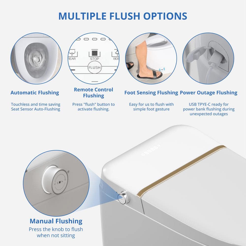 Relyblo Smart Elongated Bidet Toilet 1.27 GPF with Gold Edge White Finish - Image 8