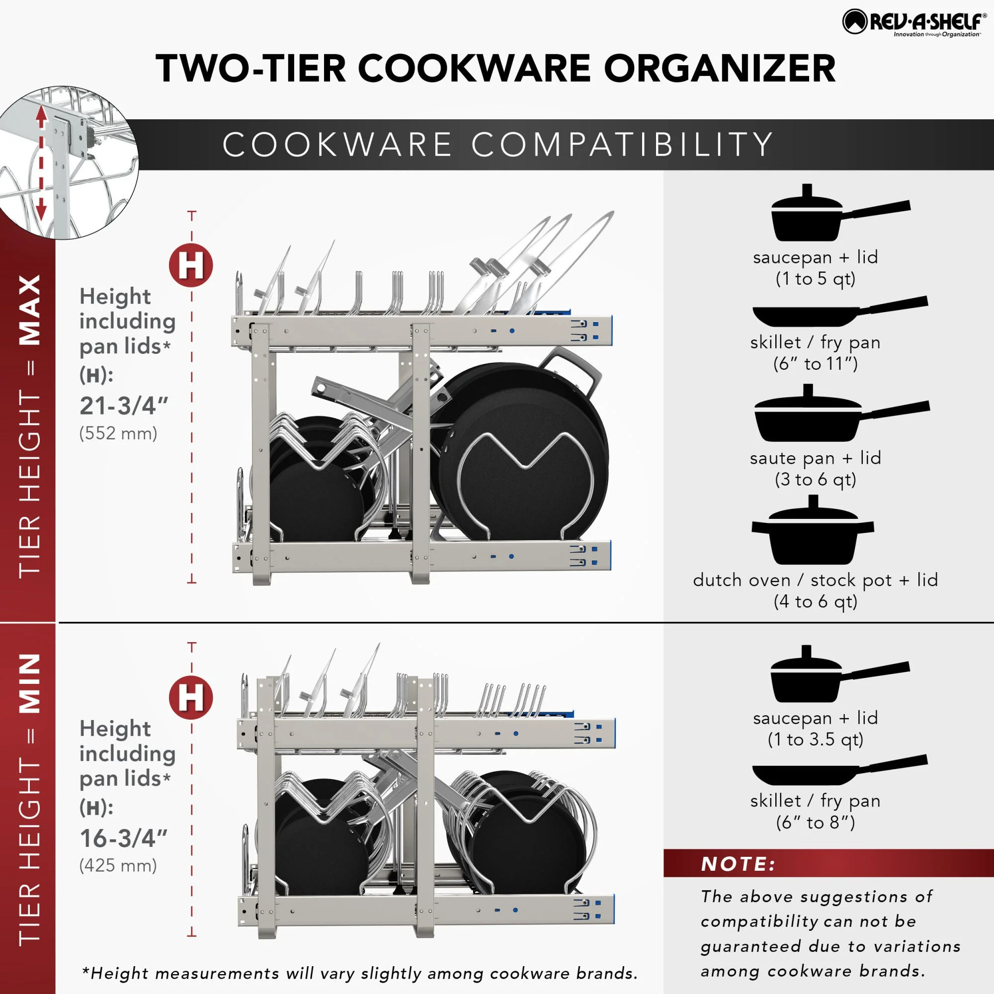 Rev-A-Shelf 11.75-in W x 18-in H Two-Tier Pull-Out Cookware Organizer with Soft-Close, Chrome - Image 6