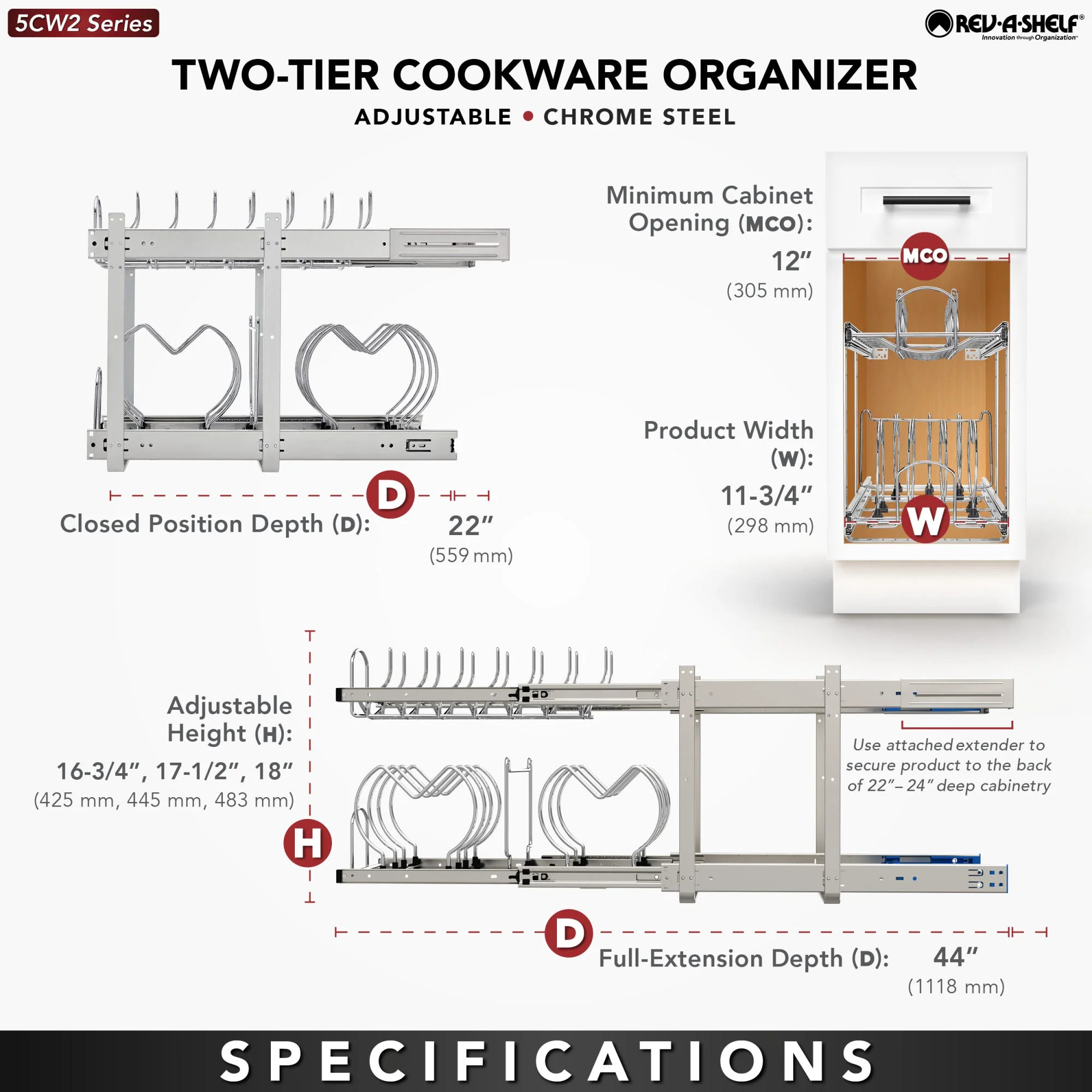 Rev-A-Shelf 11.75-in W x 18-in H Two-Tier Pull-Out Cookware Organizer with Soft-Close, Chrome - Image 8