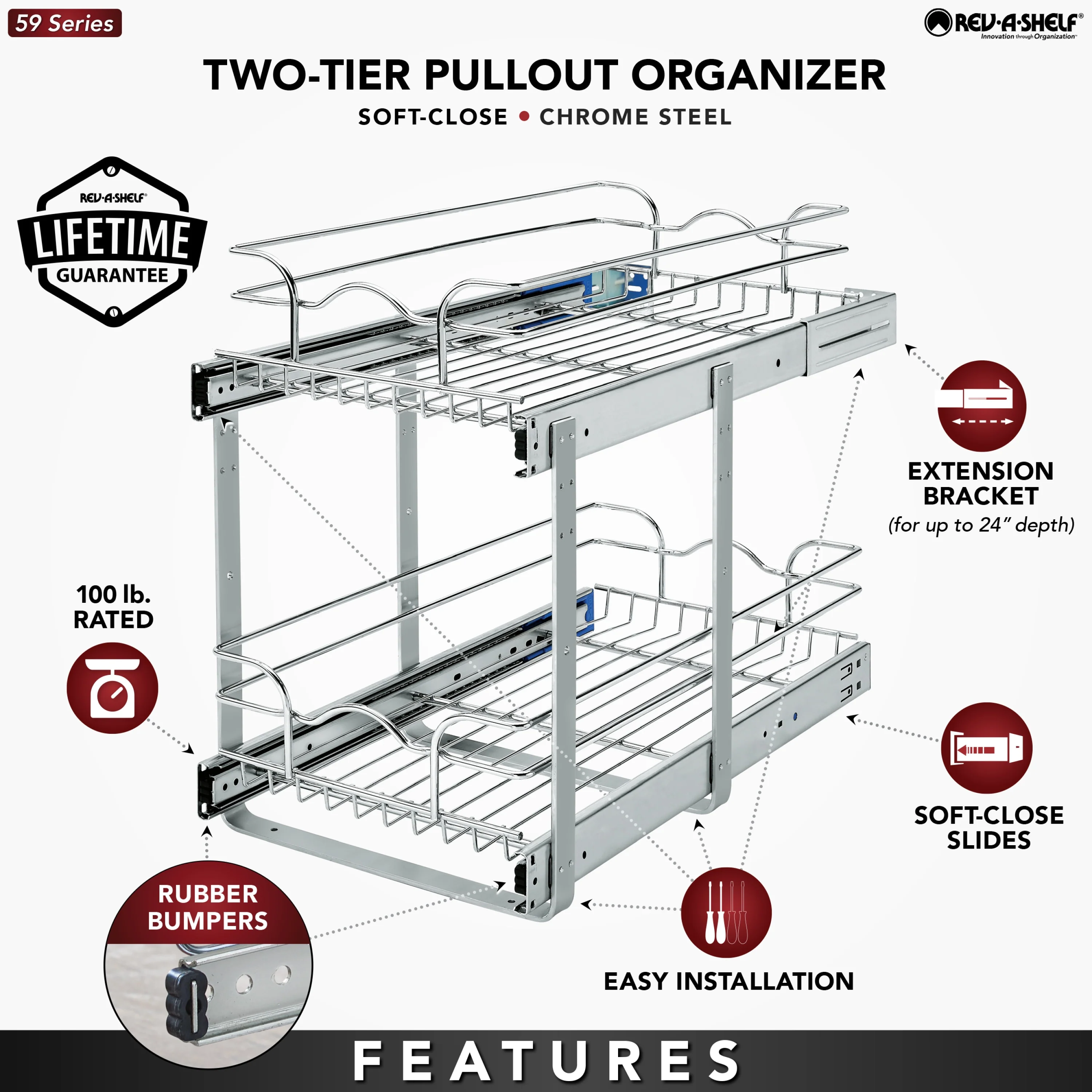 Rev-A-Shelf 11.75-in W x 19-in H 2-Tier Pull-Out Chrome Metal Soft-Close Basket Organizer, 22-in D - Image 8