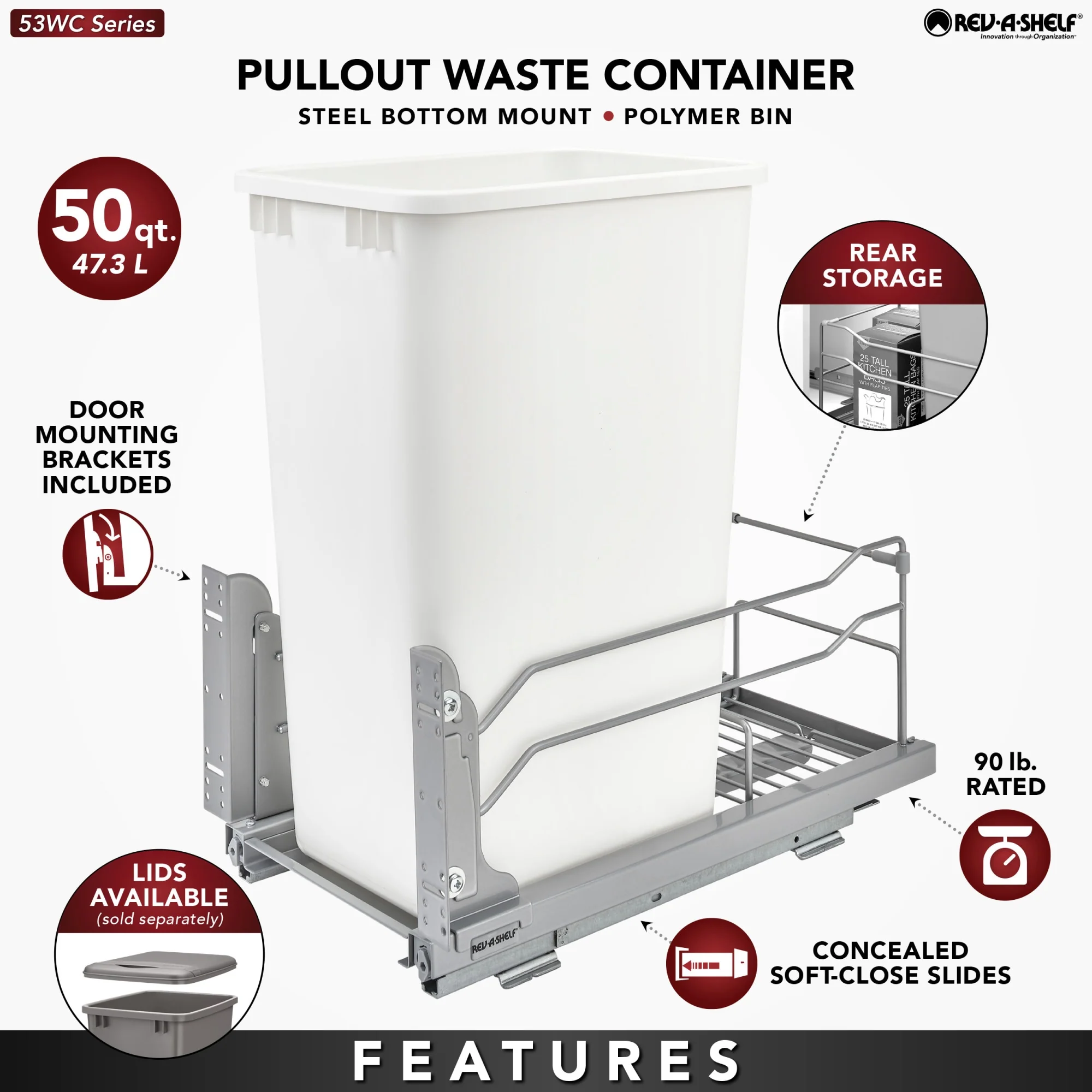 Rev-A-Shelf 11-in x 22-in x 19-in 50-Quart Soft Close Single Pull Out Trash Can - Image 5