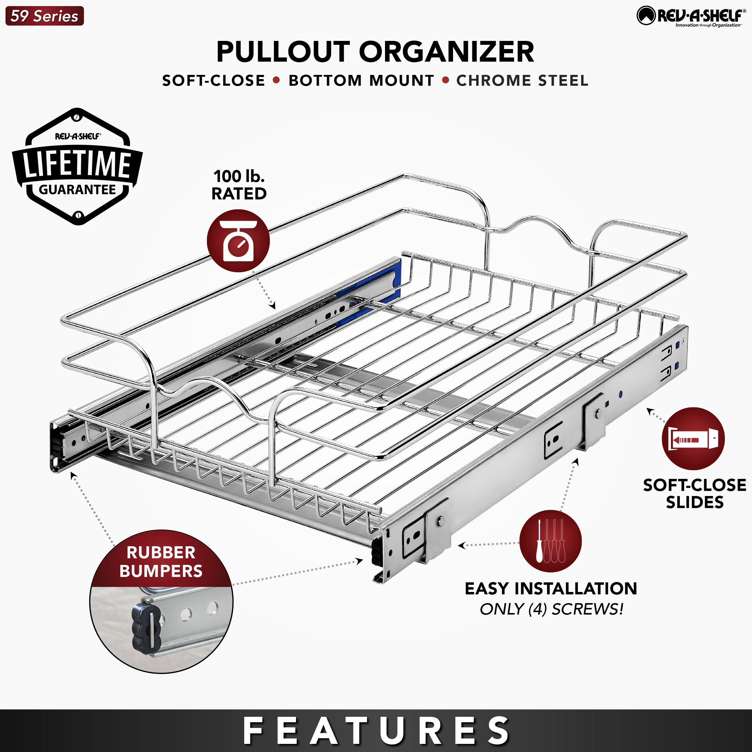 Rev-A-Shelf 14.5-in W x 6-in H Single-Tier Soft-Close Pull-Out Chrome Metal Basket Organizer (22-in D) - Image 5