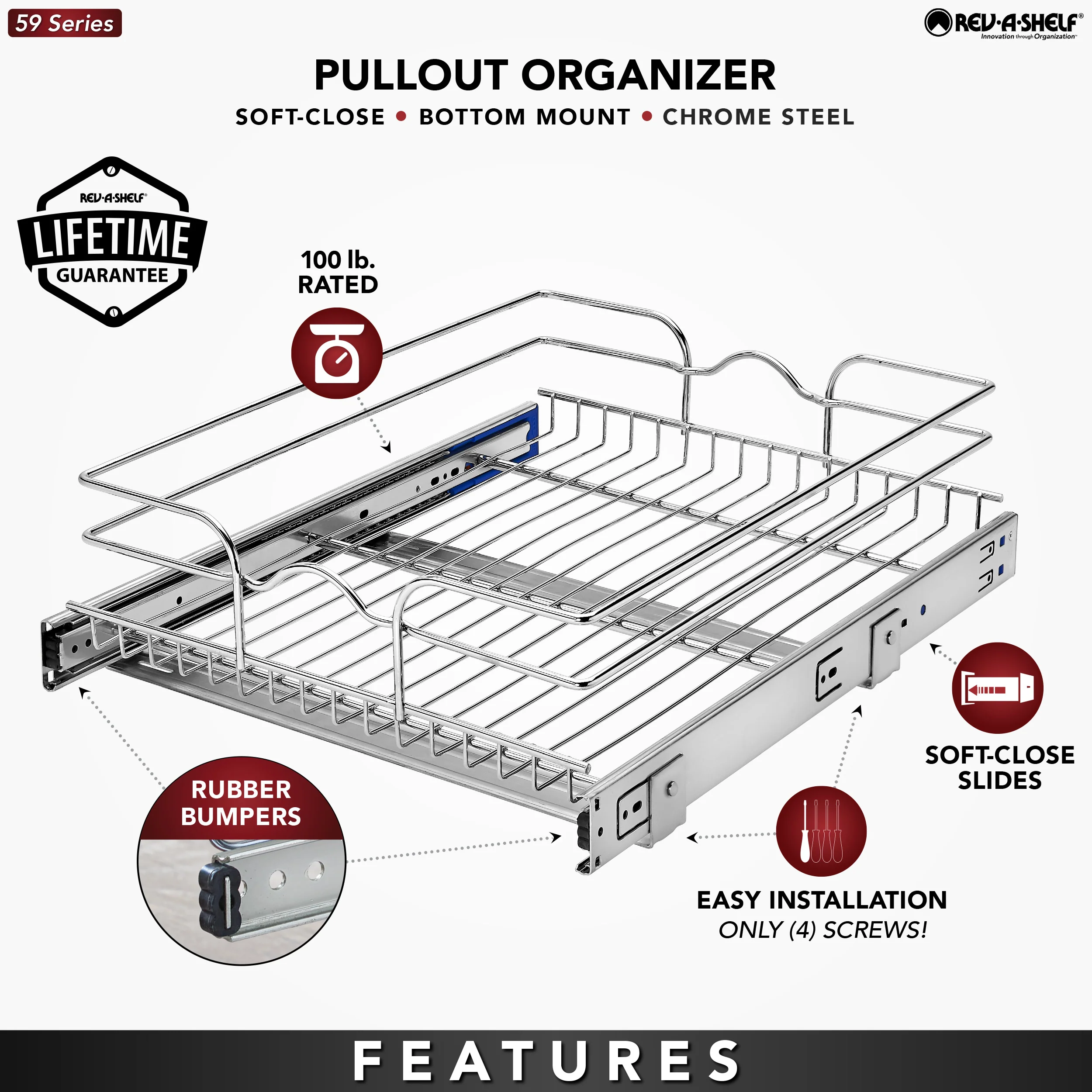 Rev-A-Shelf 17.5-in W x 6-in H x 22-in D Single-Tier Soft-Close Pull-Out Metal Basket, Chrome - Image 6