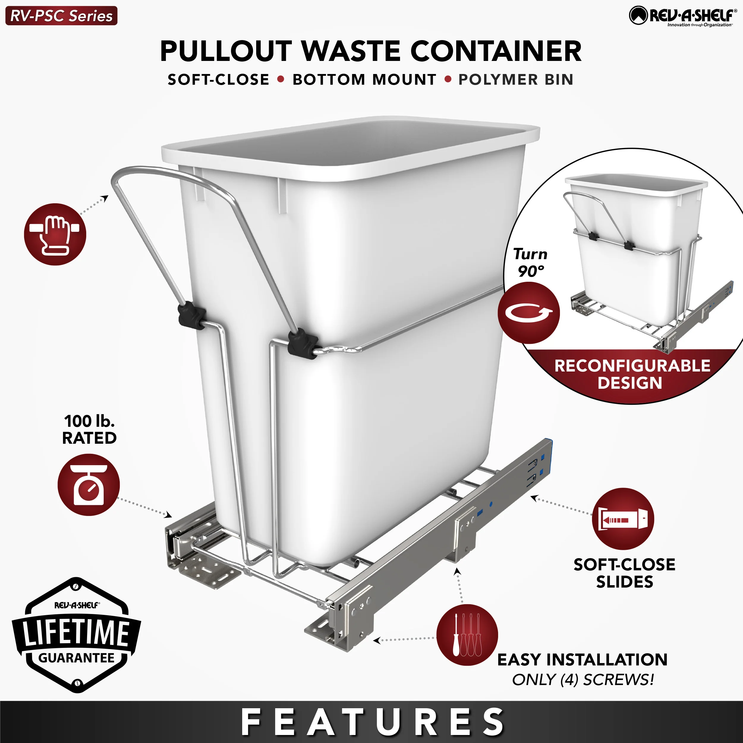 Rev-A-Shelf 20-Quart Soft-Close Pull-Out Trash Can, White Polymer Bin, Bottom-Mount RV-8PSC-11-5 - Image 5