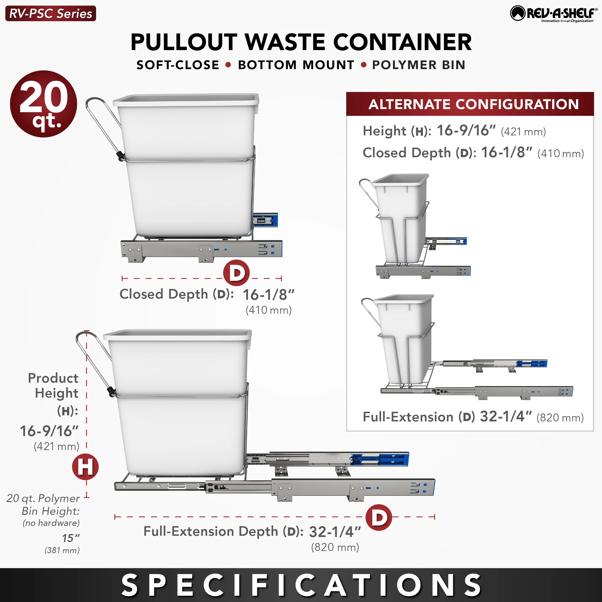 Rev-A-Shelf 20-Quart Soft-Close Pull-Out Trash Can, White Polymer Bin, Bottom-Mount RV-8PSC-11-5 - Image 6