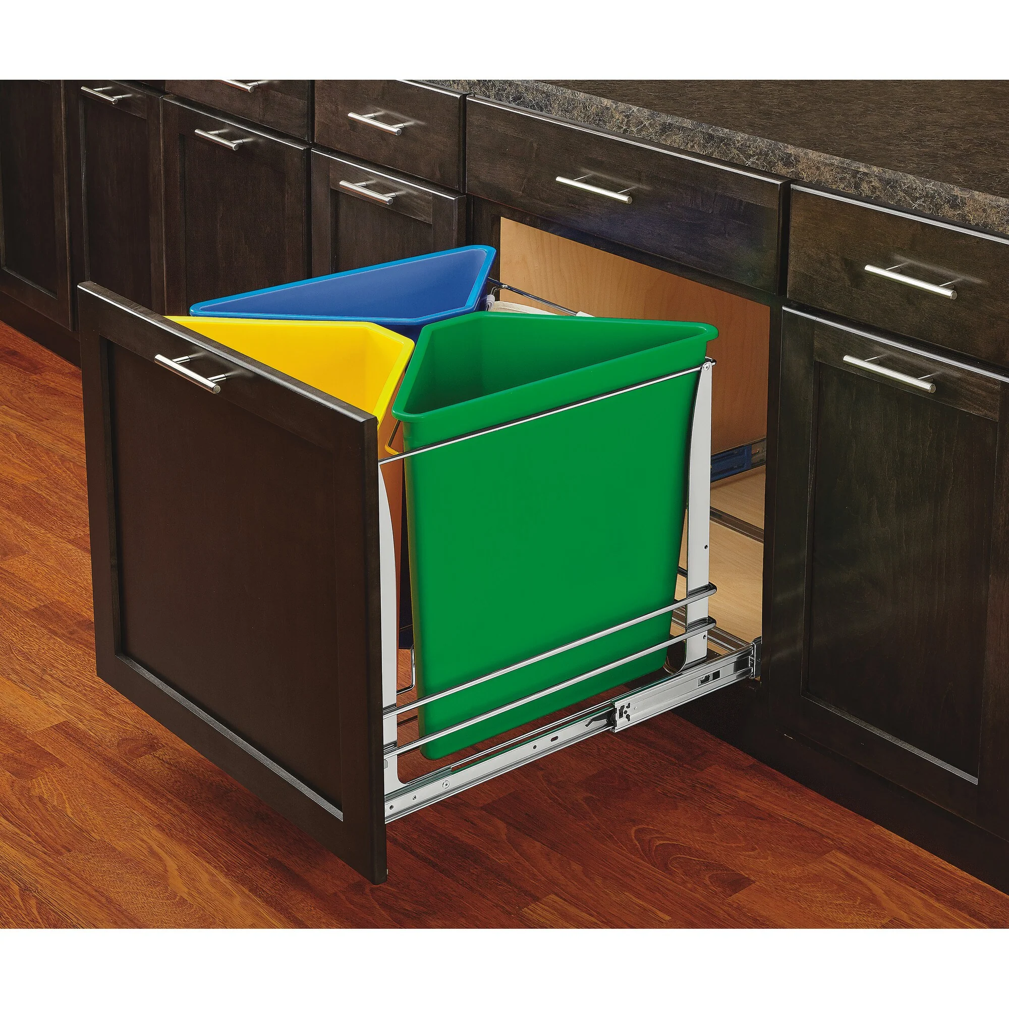 Rev-A-Shelf 25-Quart Triple-Bin Soft-Close Pull-Out Trash & Recycling Center, Chrome Frame - Image 2