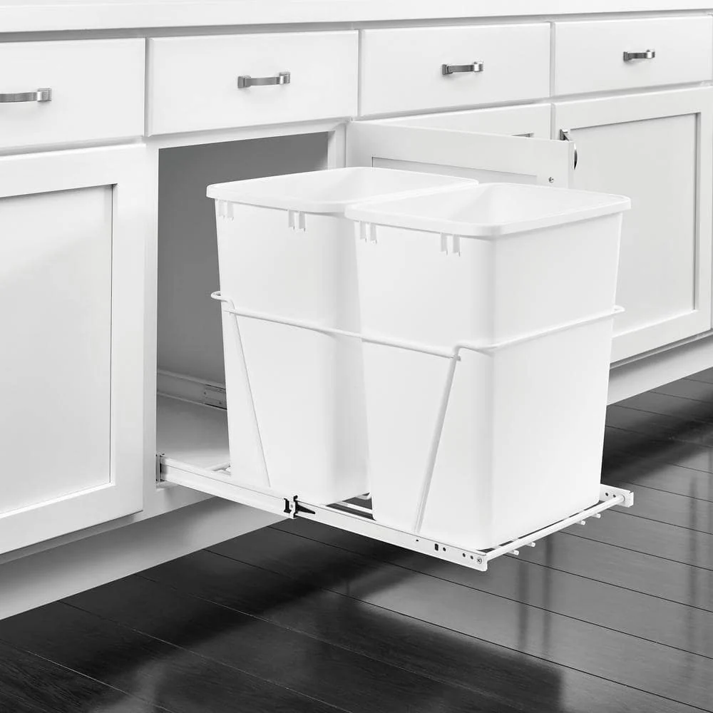 Rev-A-Shelf 27-Quart Plastic Pull-Out Trash Can, Double Bin, White, RV-15PB-2 S - Image 2
