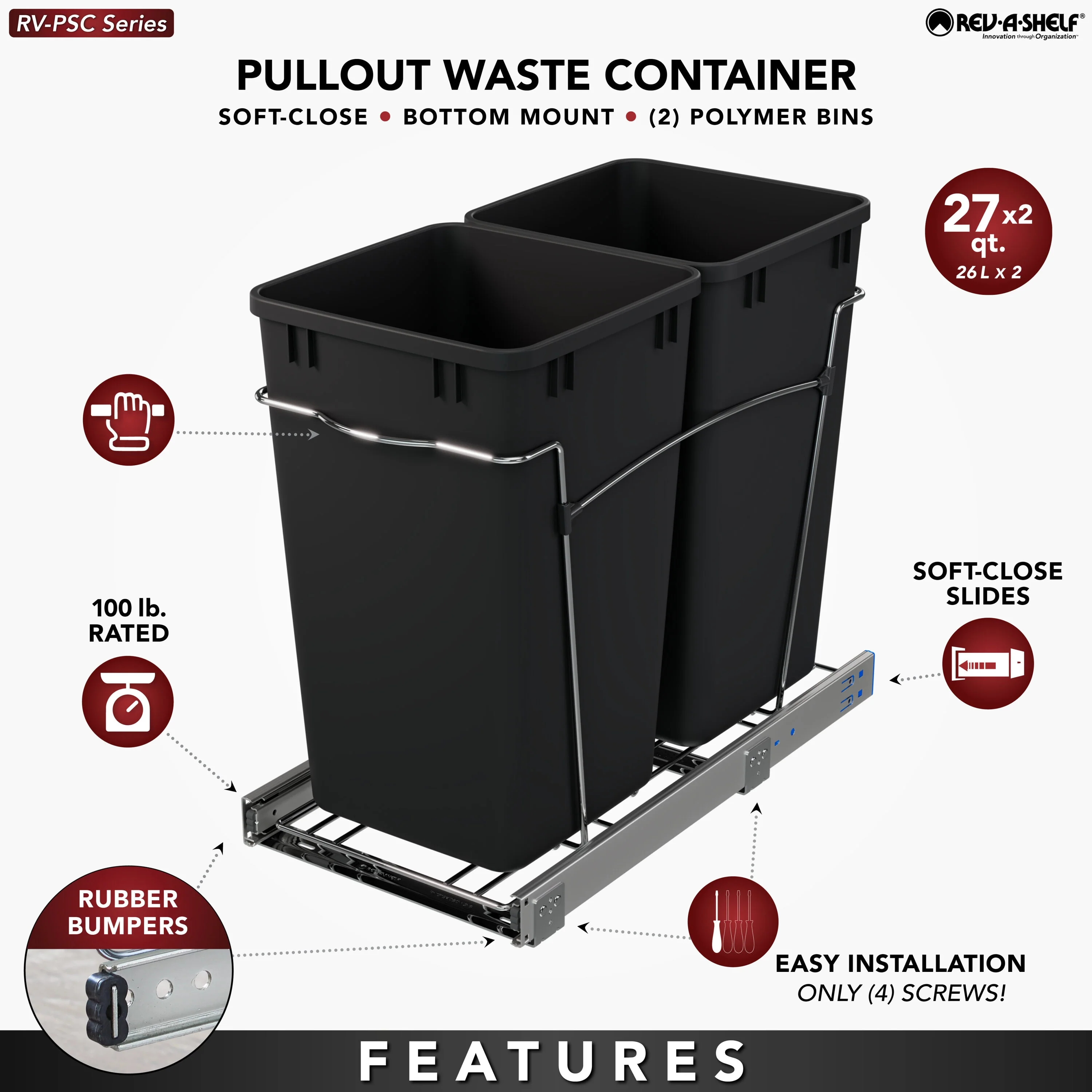 Rev-A-Shelf 27-Quart Plastic Soft-Close Dual Pull-Out Trash Can, Chrome Frame - Image 6
