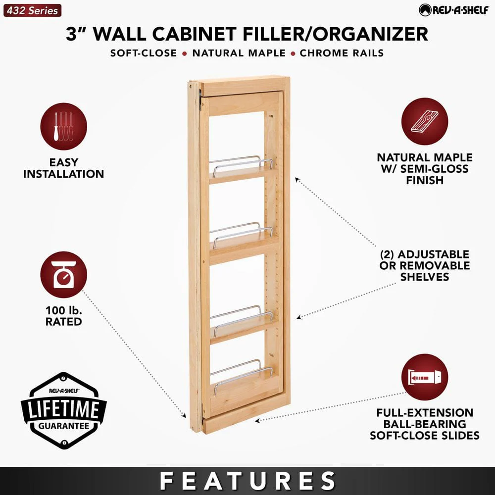 Rev-A-Shelf 3 in W x 36 in H 4-Tier Pull-Out Wood Wall Filler Organizer with Soft-Close Slides, Natural Maple - Image 5