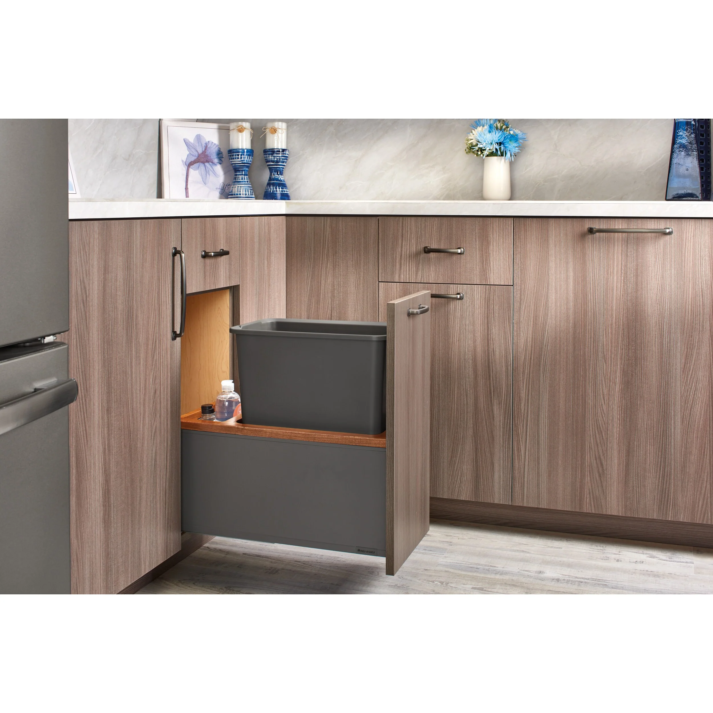 Rev-A-Shelf 30-Quart Plastic Soft-Close Pull-Out Trash Can, Single Bin with Walnut Accent - Image 2