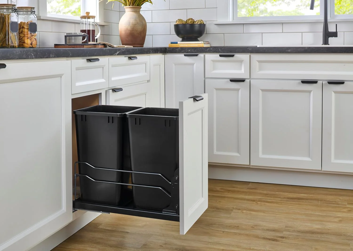 Rev-A-Shelf 35-Quart Double Plastic Soft-Close Pull-Out Trash Can, White - Image 2