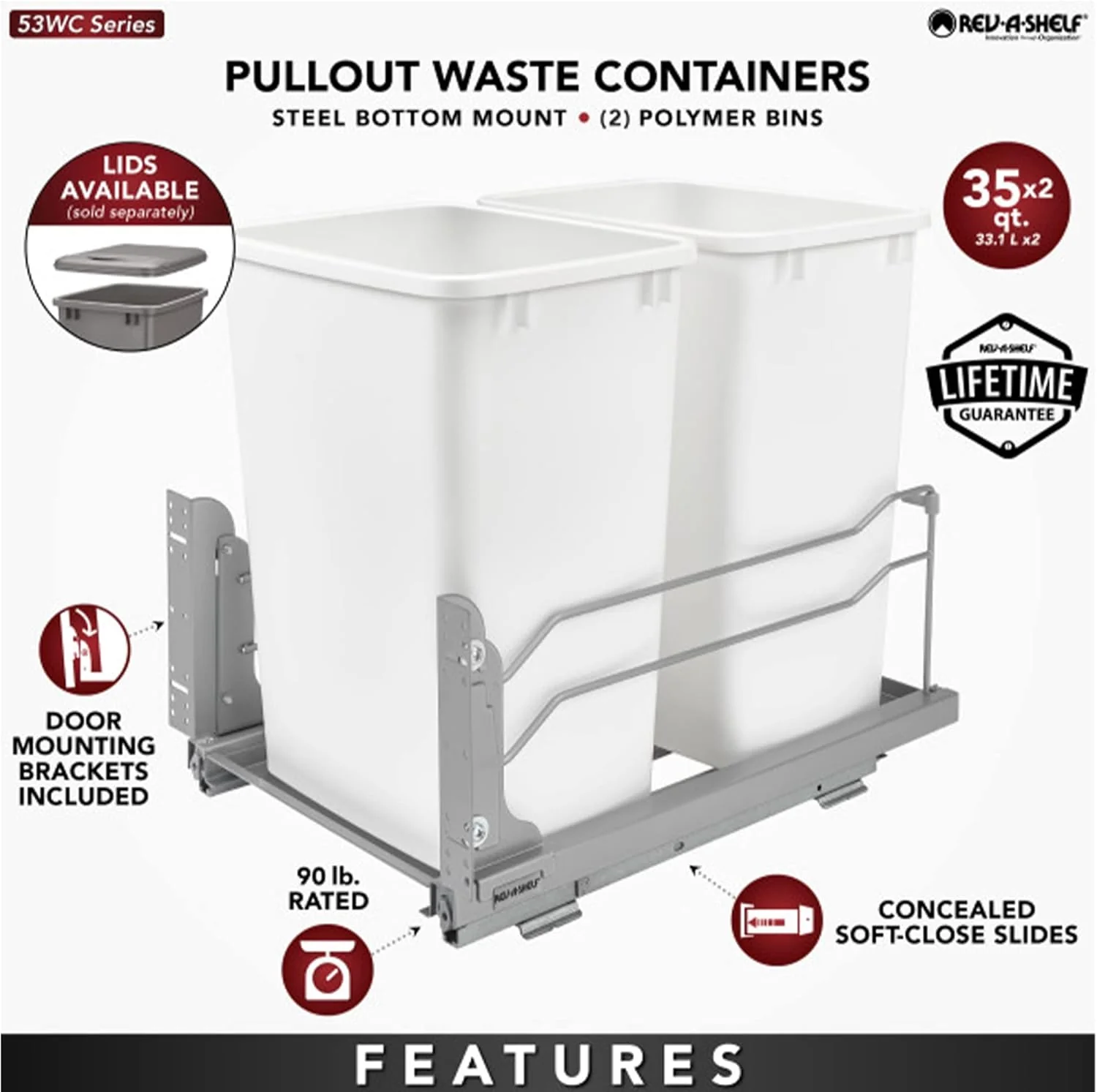 Rev-A-Shelf 35-Quart Double Plastic Soft-Close Pull-Out Trash Can, White - Image 3