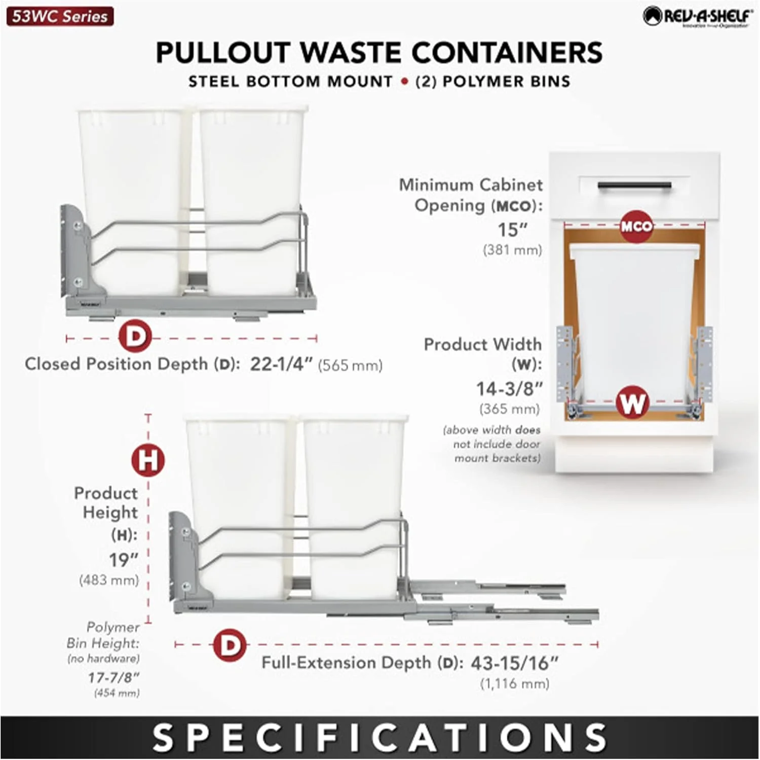 Rev-A-Shelf 35-Quart Double Plastic Soft-Close Pull-Out Trash Can, White - Image 4