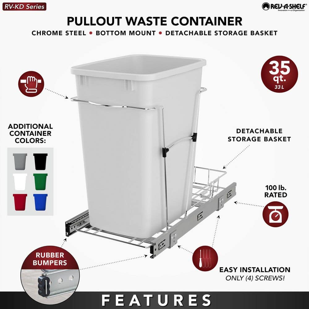 Rev-A-Shelf 35-Quart Plastic Pull-Out Trash Can, Bottom-Mount, Black Bin - Image 2