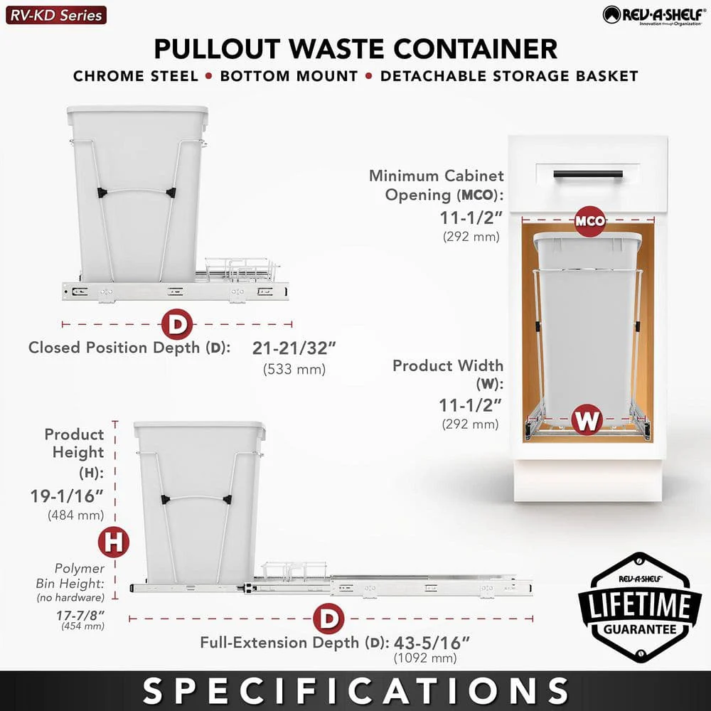 Rev-A-Shelf 35-Quart Plastic Pull-Out Trash Can, Bottom-Mount, Black Bin - Image 5