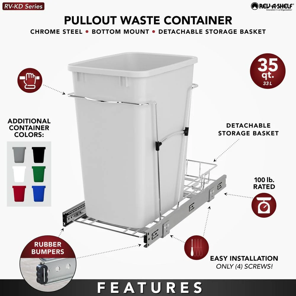 Rev-A-Shelf 35-Quart Plastic Pull-Out Trash Can, Bottom-Mount, Red, RV-12KD-16C-S - Image 2