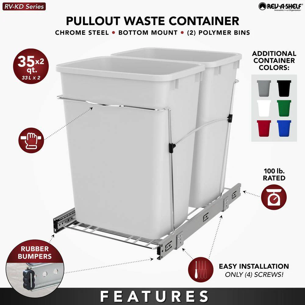 Rev-A-Shelf 35-Quart Plastic Pull-Out Trash Can, Double Bin, Bottom-Mount - Image 2
