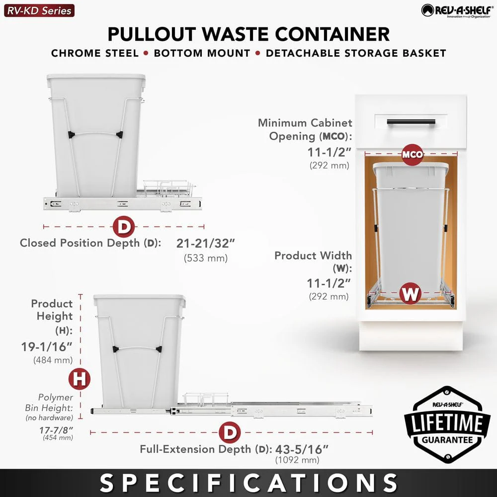 Rev-A-Shelf 35-Quart Plastic Pull-Out Trash Can with Chrome Bottom-Mount Slide, Red - Image 4