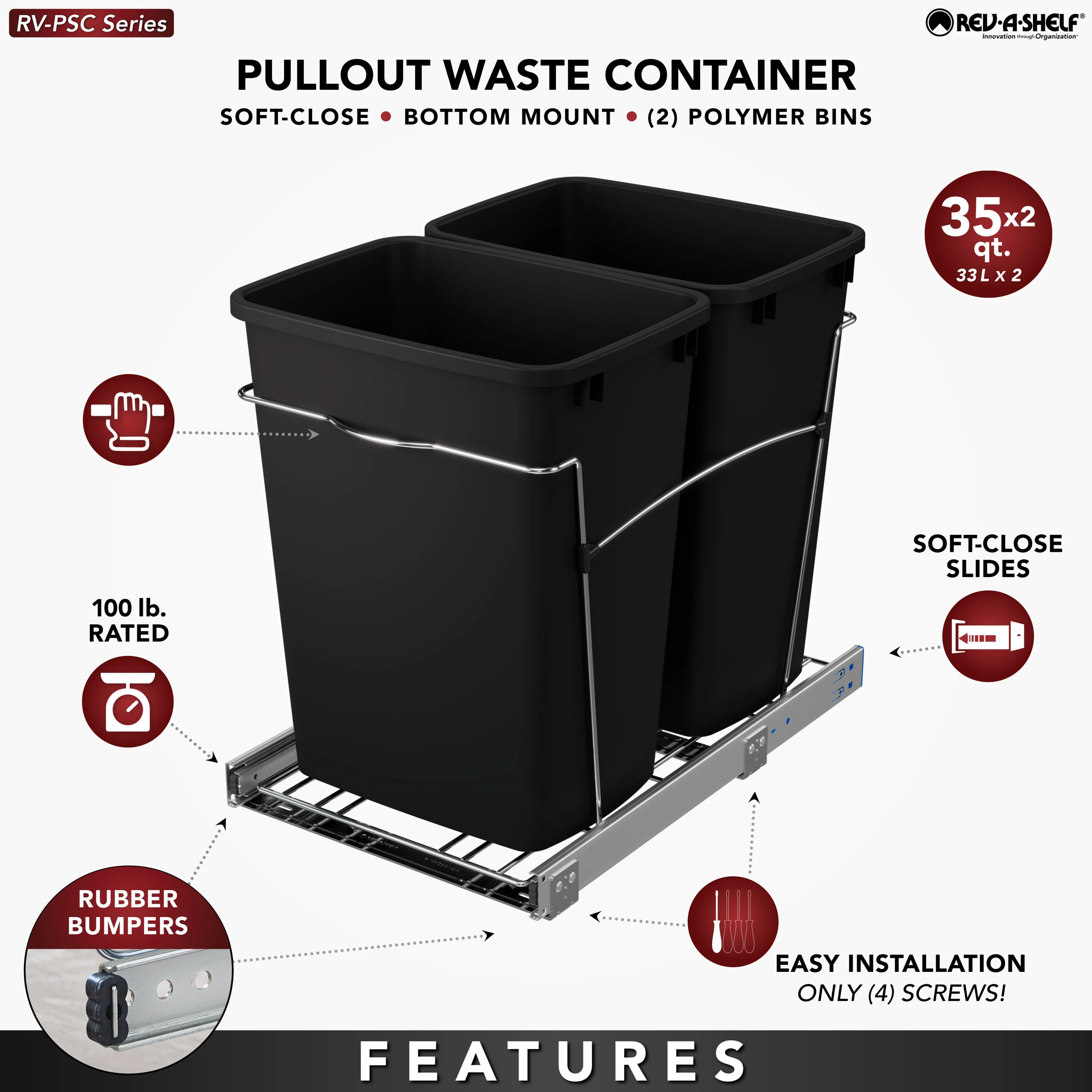 Rev-A-Shelf 35-Quart Plastic Soft-Close Pull-Out Trash Can, Dual Bin - Image 6
