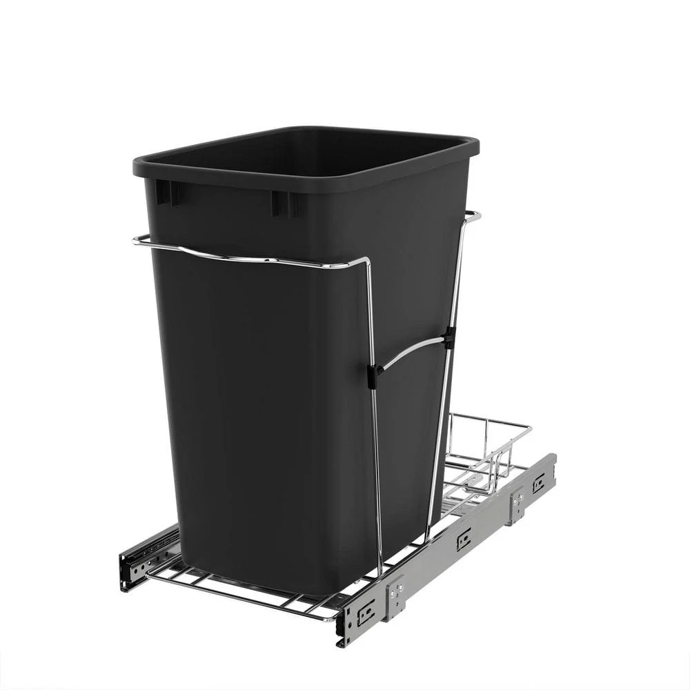 Rev-A-Shelf 35-Quart Pull-Out Trash Can with Chrome Slide and Rear Basket – Black
