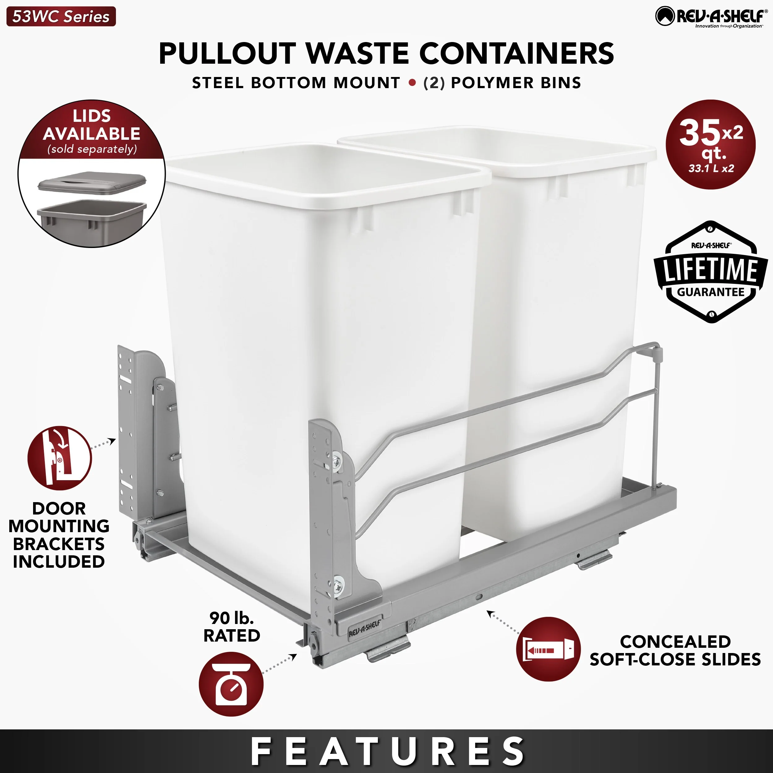 Rev-A-Shelf 35-Quart Soft-Close Double Pull-Out Trash Can, 14.38-in W x 22.25-in D x 19-in H - Image 7