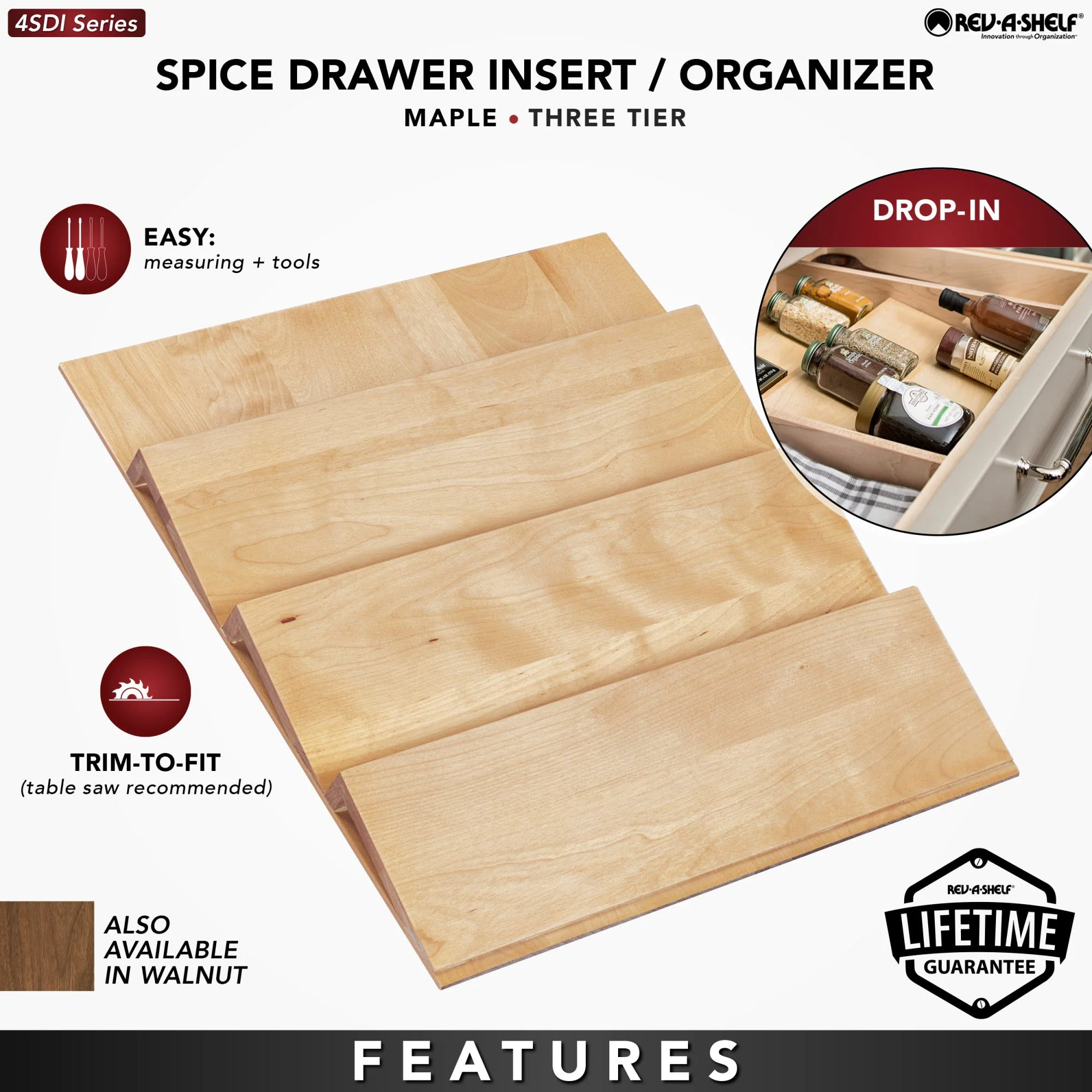 Rev-A-Shelf 4SDI Series 16-in W x 1.56-in H 3-Tier Maple Spice Drawer Insert, Trim-to-Fit - Image 8
