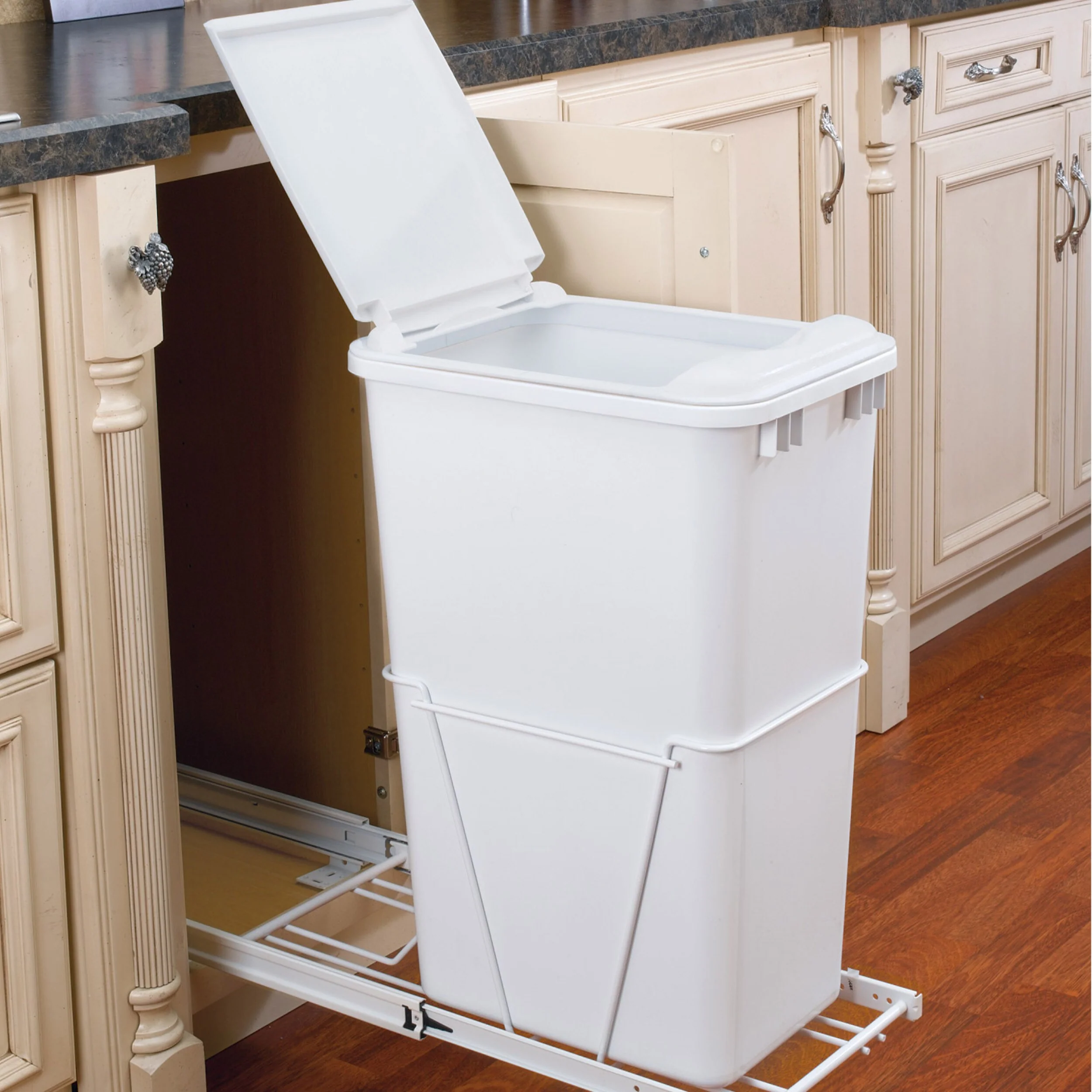 Rev-A-Shelf 50-Quart Plastic Pull-Out Trash Can, White, Single Bin - Image 3