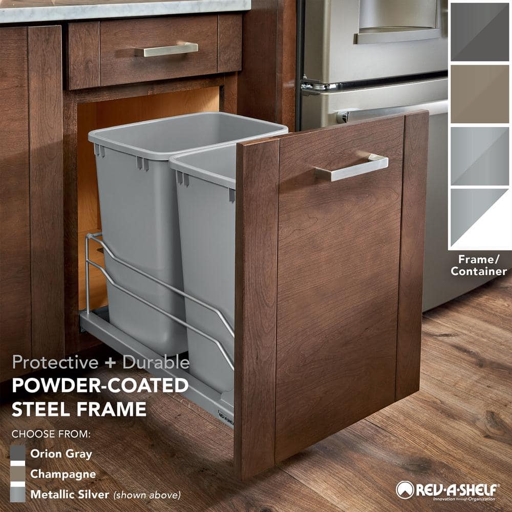 Rev-A-Shelf 50-Quart Plastic Soft-Close Double Pull-Out Trash Can, Metallic Silver, 14.75 in W x 22.25 in D x 22.88 in H - Image 2