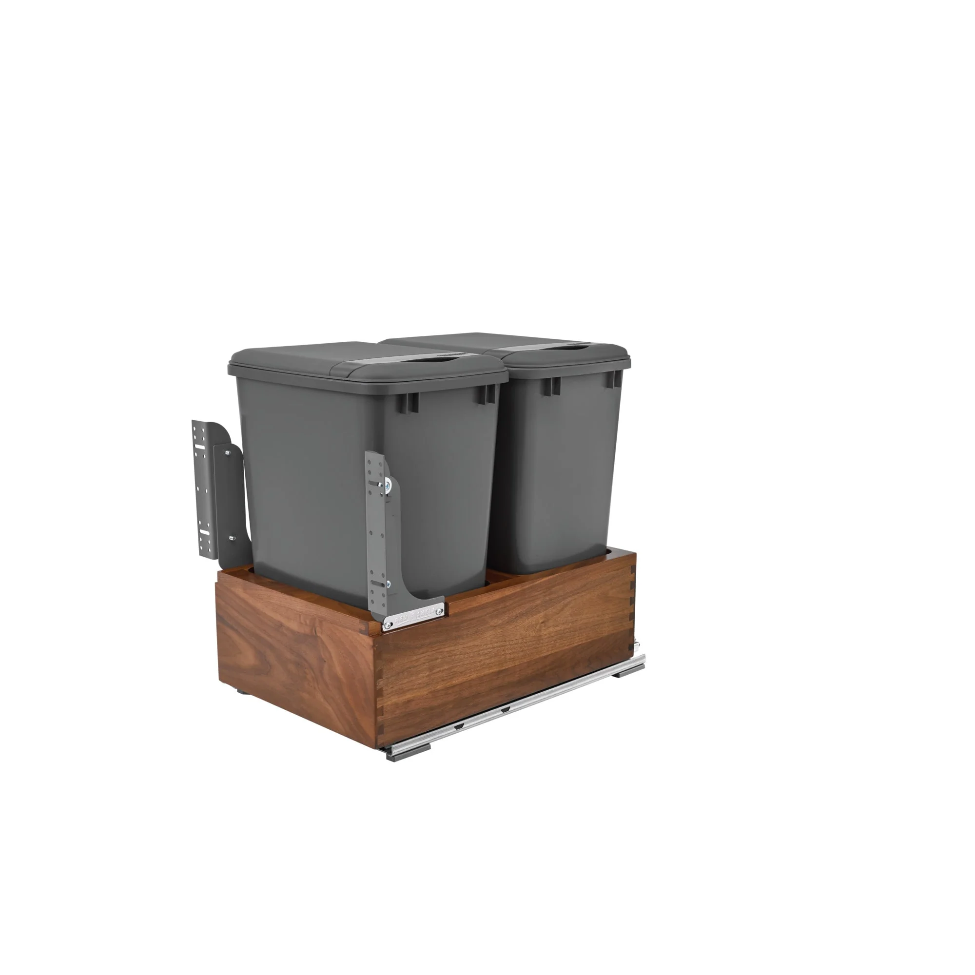 Rev-A-Shelf 50-Quart Plastic Soft-Close Double Pull-Out Trash Can, Walnut Frame - Image 2
