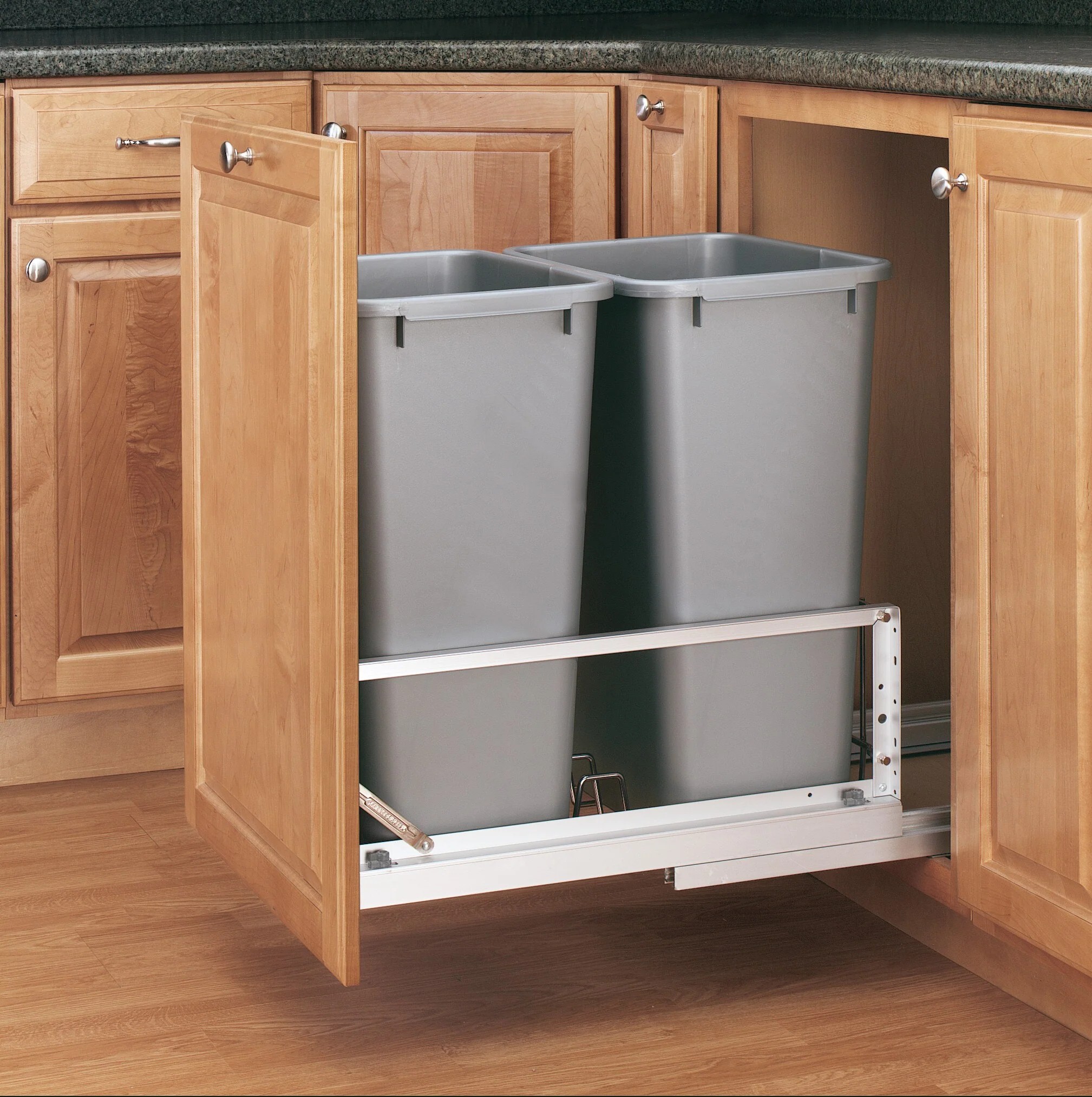 Rev-A-Shelf 50-Quart Plastic Soft-Close Pull-Out Trash Can, Dual-Bin, 15–17 in Cabinet Opening